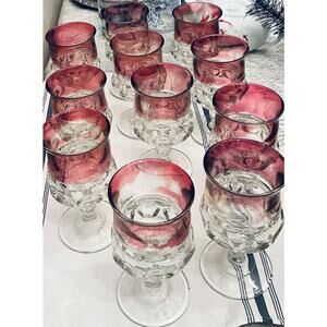 ELEVEN (11) 4" Tall King's Crown Thumbprint Line Cranberry Flashed Wine Glasses